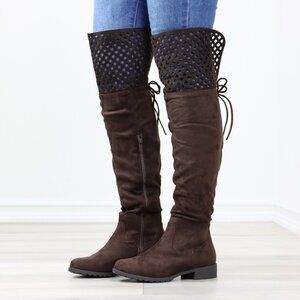 Brown Thigh High Over The Knee Flat Boots Faux Suede